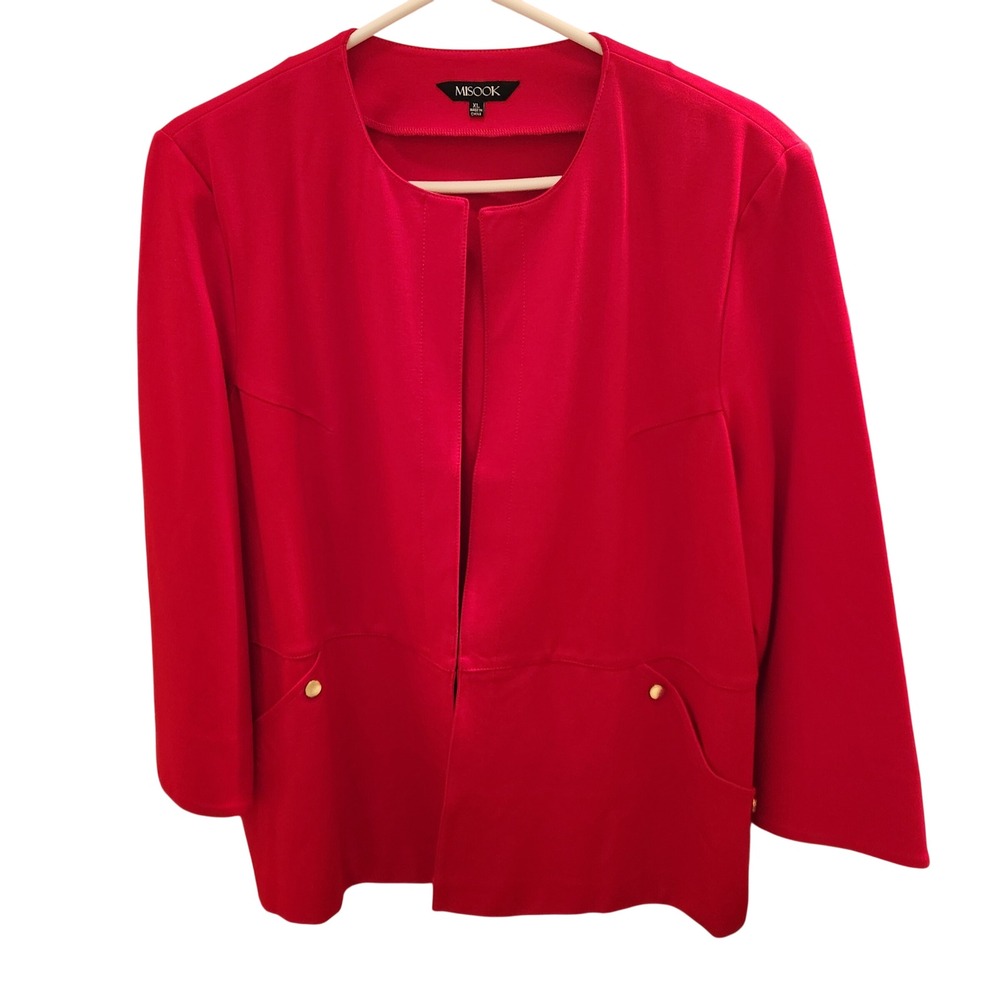 Misook Red Ponte Knit Open Front Collarless Long Sleeve Blazer Jacket Women's XL
